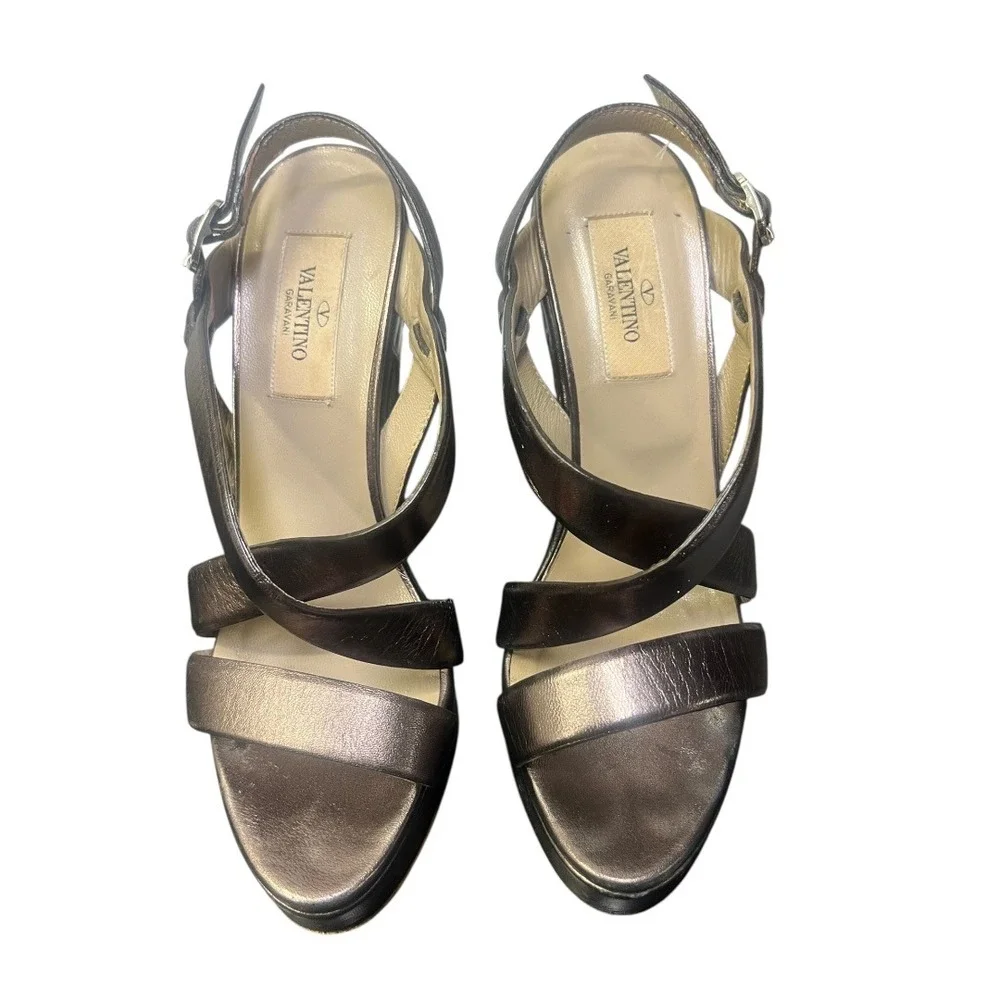 Valentino Garavani Womens 36 Metallic Bronze‎ Leather Quilted Platform Wedges